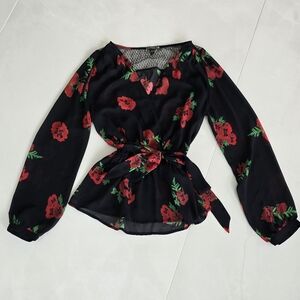 Express Long-Sleeved Sheer Black and Red Floral Blouse With Waist Tie - XS
